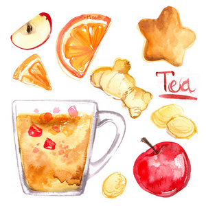 姜茶是冷的, 杯子, 茶袋, 柠檬和浆果, 苹果, 曲奇饼照片