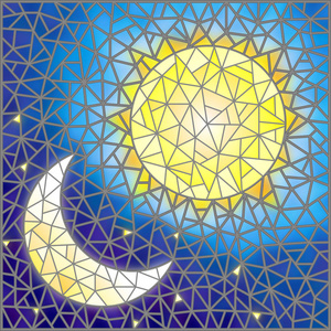 在彩色玻璃风格 抽象的太阳和月亮在天空中的插图