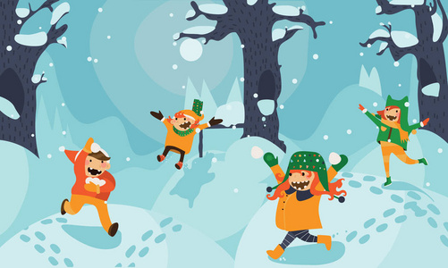 小孩子们玩，奔跑和跳跃的树木的雪堆中雪中的明亮插图。矢量手绘水平绘图