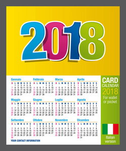 有用的双面卡日历 2018年钱包或口袋里，在全彩。大小 9 厘米 x 5.5 厘米.意大利版本