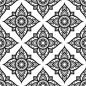 莲花,树叶,蜻蜓的无缝花纹无缝抽象花纹,曼荼罗图案nyaung ohak 的