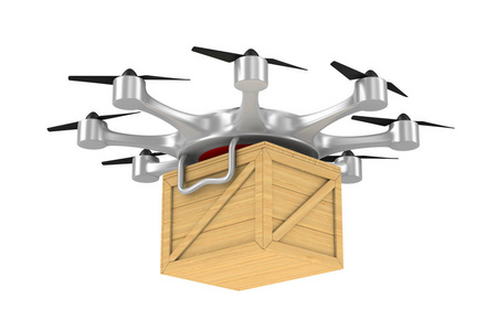 octocopter 与白色背景上的木箱子。孤立的 3d 错觉