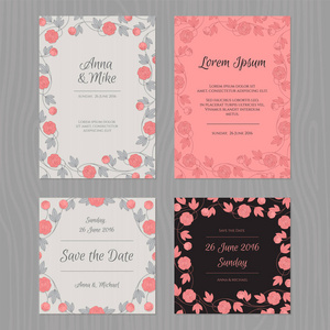 婚礼卡设置着的花朵。灰色 粉红色和黑色的颜色
