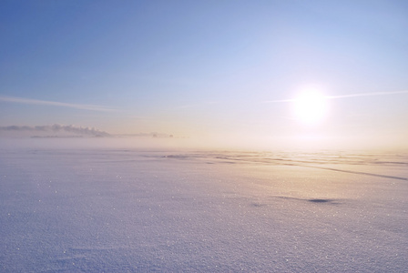 太阳 冬季雾和闪闪发光的雪