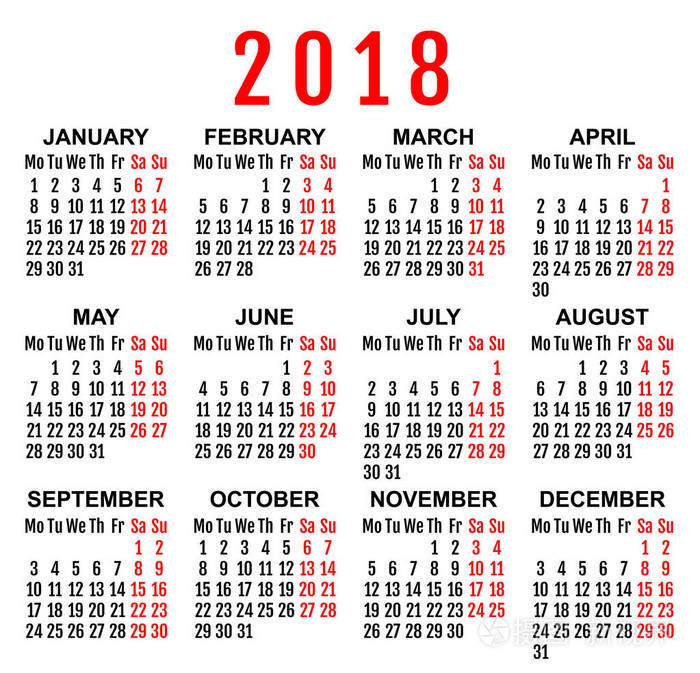 2018年墙上的日历网格模板