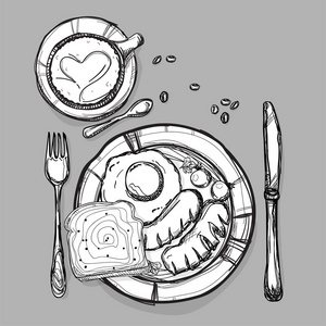 食品早餐面包香肠蛋咖啡设置绘制图形说明对象
