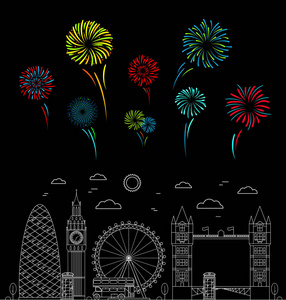 伦敦市和彩色烟花庆祝。矢量
