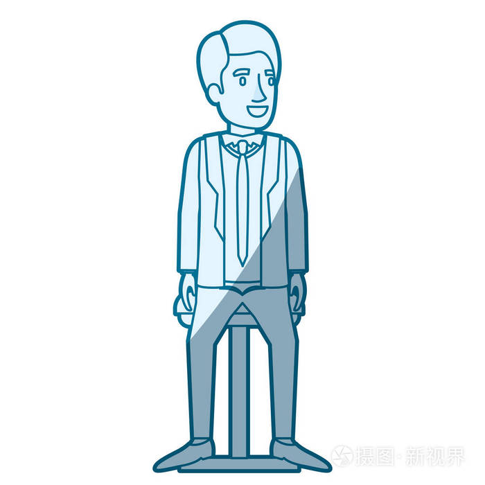 蓝颜色剪影底纹的正式的西装和侧面的头发的男人,坐在椅子上