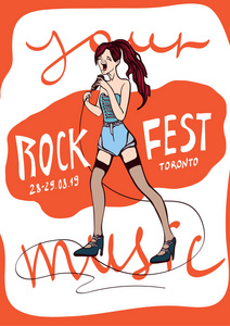 摇滚音乐音乐节的海报模板。在麦克风唱歌的女孩。矢量图