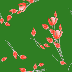 无缝模式的水彩郁金香与红色的花，深绿色背景上