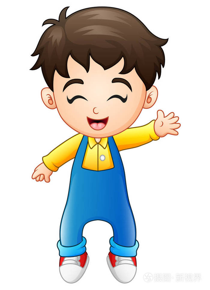 可爱的小男孩站在连身裤挥舞着