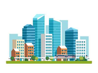 高耸的摩天大楼和地铁的城市景观.矢量图照片