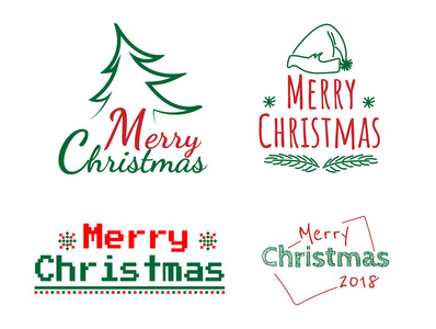 快乐圣诞文本与节日元素。树 帽子 雪花。绿色 红色