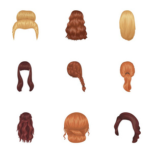 股四头肌 金发辫子和其他类型的发型。背部的发型在卡通风格矢量符号股票图 web 设置集合图标
