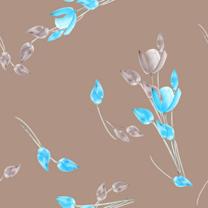 无缝模式的郁金香与深 deige 背景上米色和蓝色的花朵。水彩