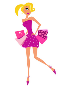 浪漫的购物女人，粉红色的，带袋的