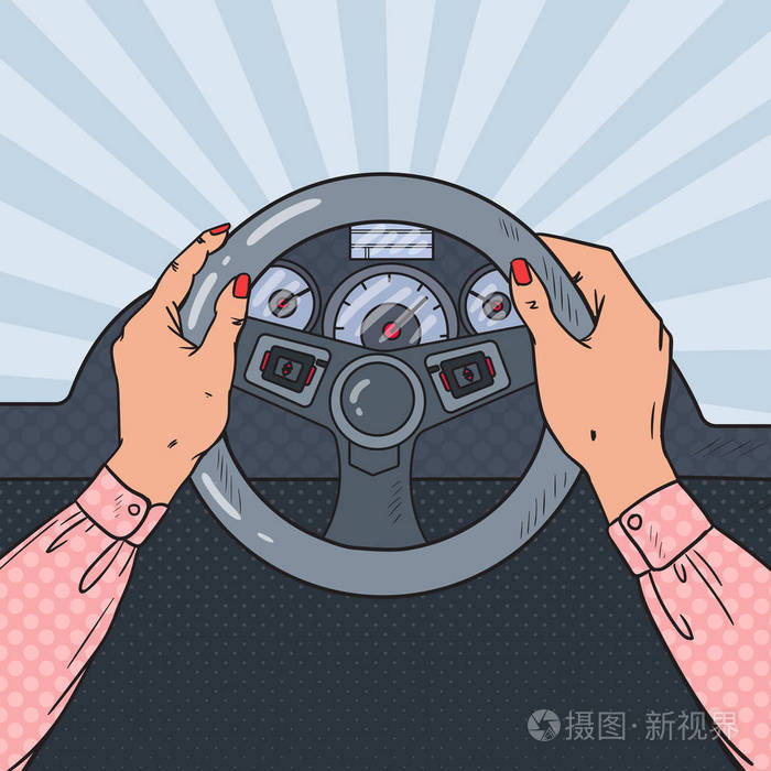 波普艺术女人手上车轮.安全驾驶