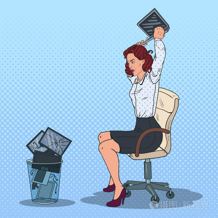 波普艺术强调把笔记本扔到垃圾桶的女商人.愤怒的上班族