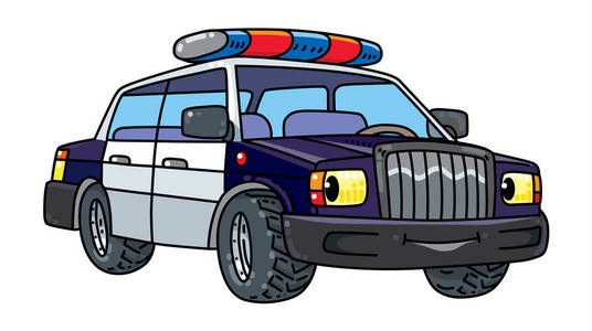 在白色背景上卡通警车警笛插图警车警车关闭射击开着滑稽司机的陌生