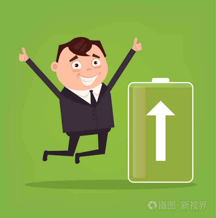 快乐微笑的商人上班族性格充满活力.绿色电池.矢量平面卡通插画