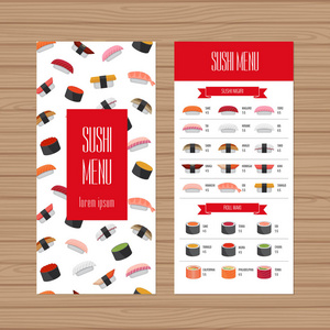 寿司菜单设计。小册子和传单的布局模板。日本料理餐厅宣传册与现代图形。矢量图