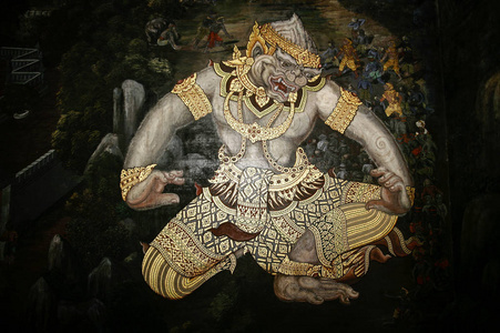在寺庙的墙上被称为哈奴曼罗摩衍那文学字符图纸可在泰国看到共同目击事件