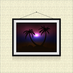 日落是在沙滩上相框挂在墙上的棕榈树