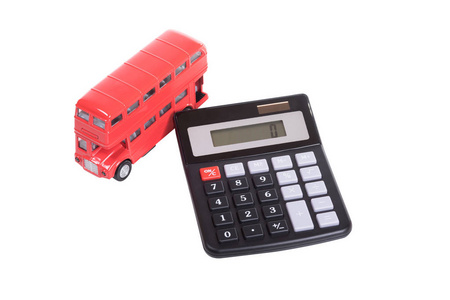 模型的双层红色巴士和计算器