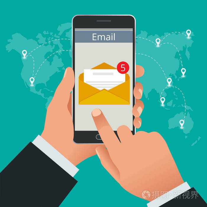 男子收到在线手机上一封的电子邮件消息在线传入电子邮件等距矢量的