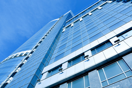 透视图蓝色商务玻璃现代全景摩天大楼