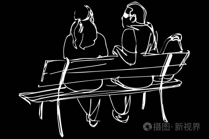 一对年轻夫妇坐在长椅上的素描