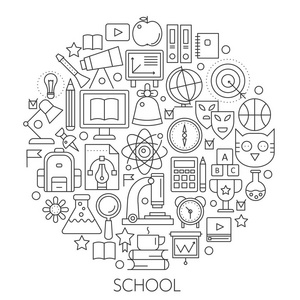 圆线概念回学校。为 web 模板向量线性学校薄中风大纲海报