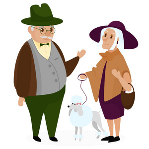 老人们夫妇和狗卷毛狗。快乐的祖父母一起孤立。爷爷和奶奶。高级老年夫妇。卡通矢量图