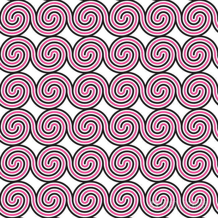 黑色和粉红色螺旋线的几何无缝图案.抽象的明亮纹理