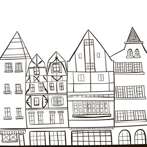 白色背景上的手绘旧城房屋集