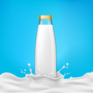 矢量图的玻璃瓶牛奶或奶制品产品站在牛奶飞溅