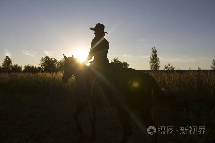 一个女人骑着马在太阳-日出或日落时的剪影