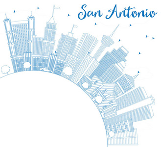 大纲 San 安东尼奥天际线与蓝色建筑物和副本空间