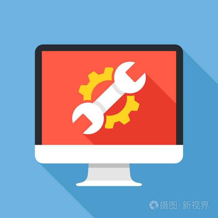 计算机与齿轮和扳手修复图标维护维修服务设置固定的概念平面设计矢量