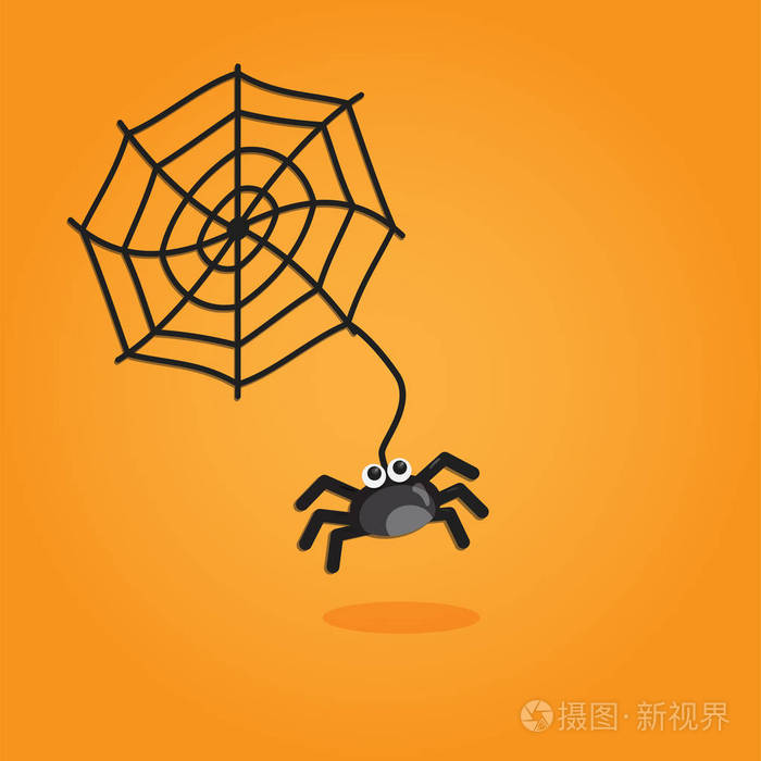 万圣节卡通艺术在平面样式.橙色的背景下,设计可爱蜘蛛.插图