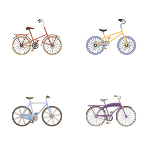 儿童自行车和其他类。不同的自行车在卡通风格矢量符号股票图 web 设置集合图标