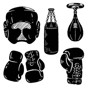 拳击运动设计元素集。拳击手套头保护出气筒