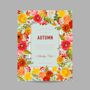 秋季相框用枫树叶子和花朵。季节性的秋天设计卡片矢量图