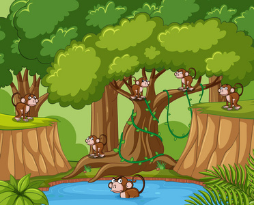 动物园管理员和他的猴子在黑暗的森林里露营两只猴子在森林里卡通插图