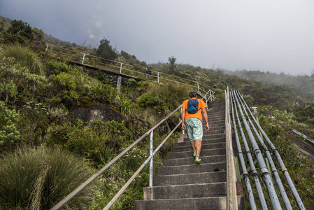 巴西里约热内卢, 2017年10月 在巴西里约热内卢尖州立公园的 Calednia 上, 用电信天线爬上楼梯。