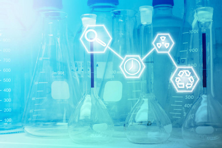 实验室研究科学玻璃器皿或烧杯与科学