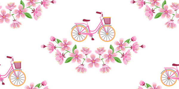 自行车和樱花刺绣无缝模式