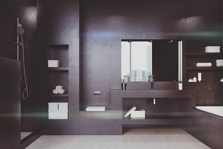 黑色的浴室 浴缸 水槽和镜子定调子