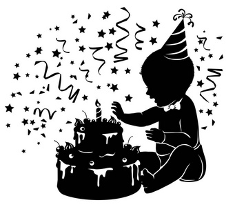 剪影宝贝与蜡烛的生日蛋糕