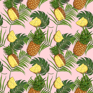 无缝矢量菠萝花纹水果交付设计模板.植物的果实.刻的菠萝.